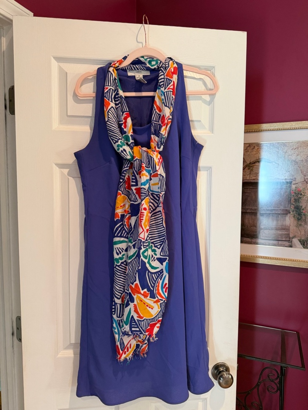 Evan Picone Purple Dress with Multicolor Scarf